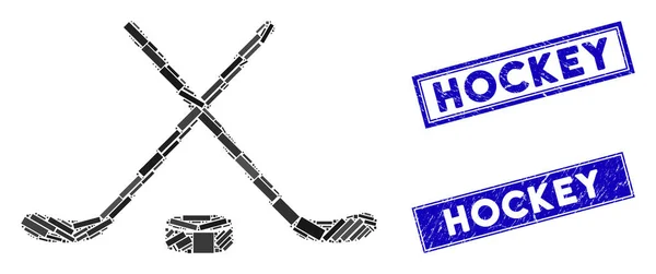 Mosaico de hockey y rectángulo grunge Sellos de hockey — Vector de stock