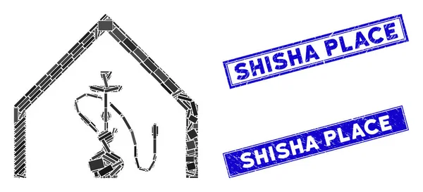 Shisha Bar mosaico y rayado rectángulo Shisha Place sellos — Vector de stock