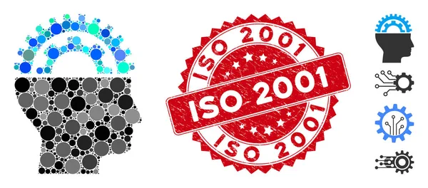 Mosaic Gear Engineer Icon with Texured Iso 2001 Seal — Stockový vektor