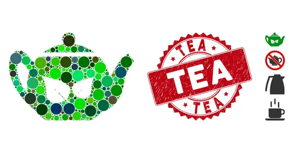 Collage Πράσινο Τσάι Τσαγιέρα Εικονίδιο με Grunge Τσάι Seal — Διανυσματικό Αρχείο