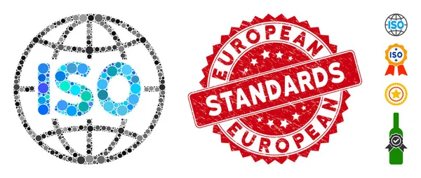 Collage Iso Standards Icon met Europese Normalisatie Stempel — Stockvector