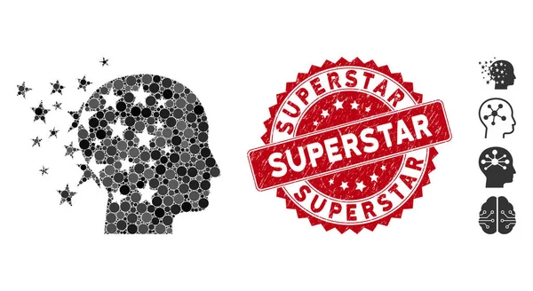 Collage Star Mind ikon Grunge Superstar bélyegzővel — Stock Vector
