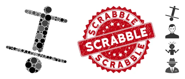 Collage hombre inestable icono con Scrabble rayado sello — Vector de stock