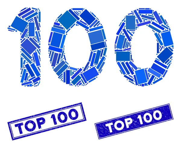 100 Digits Text Mosaic and Grunge Rectangle Top 100 Stamps — ストックベクタ