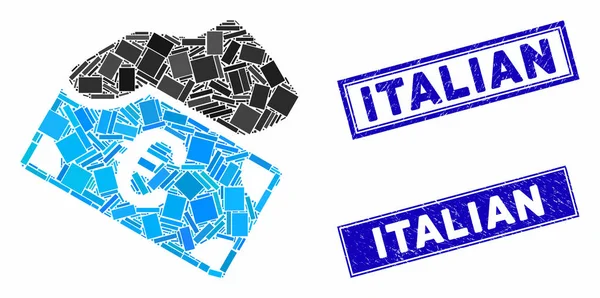 Euro-Zahlungsmosaik und zerkratzte italienische Briefmarken — Stockvektor