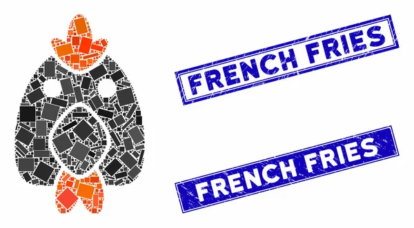 Chicken Mosaic and Grunge Rectangle French Fries Seals — ストックベクタ