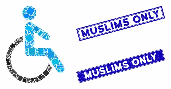 Disabled Person Mosaic and Grunge Rectangle Muslims Only Seals — ストックベクタ