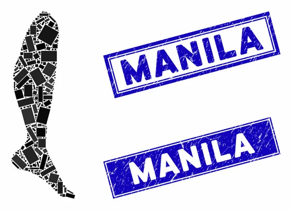 Mozaika nóg i prostokąt grunge Manila Seals — Wektor stockowy