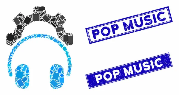 Configuração de fones de ouvido Engrenagem Mosaico e retângulo riscado Pop Music Watermarks —  Vetores de Stock