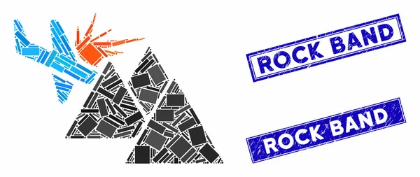 Vliegtuig Mountain Crash Mozaïek en Grunge rechthoek Rock Band Postzegels — Stockvector