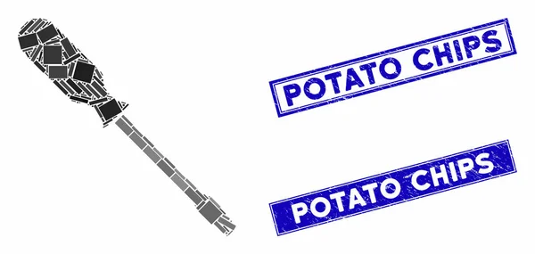 Screwdriver Mosaic and Distress Rectangle Potato Chips Stamp Seals - Stok Vektor