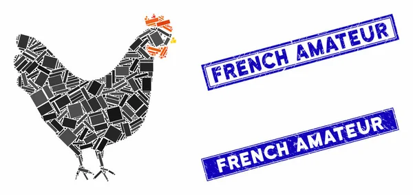 Chicken Mosaic and Scratched Rectangle French Amateur Seals — Stock Vector