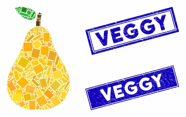 Hruška Mozaika a Grunge obdélníkové Veggy známky — Stockový vektor