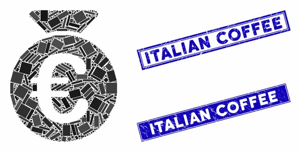 Euro Money Bag Mosaic and Distress Prostokąt włoski Pieczątki kawy — Wektor stockowy