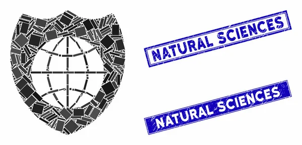 Global Shield Mosaico y Grunge Rectángulo Ciencias Naturales Sellos — Vector de stock