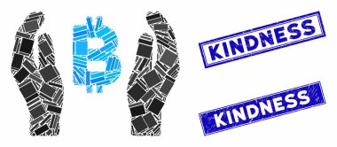 Bitcoin Care Hands Mozaik ve Grunge Dikdörtgen İyilik Damgaları