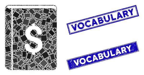 Libro del dólar mosaico y arañazos rectángulo vocabulario sello sellos — Vector de stock