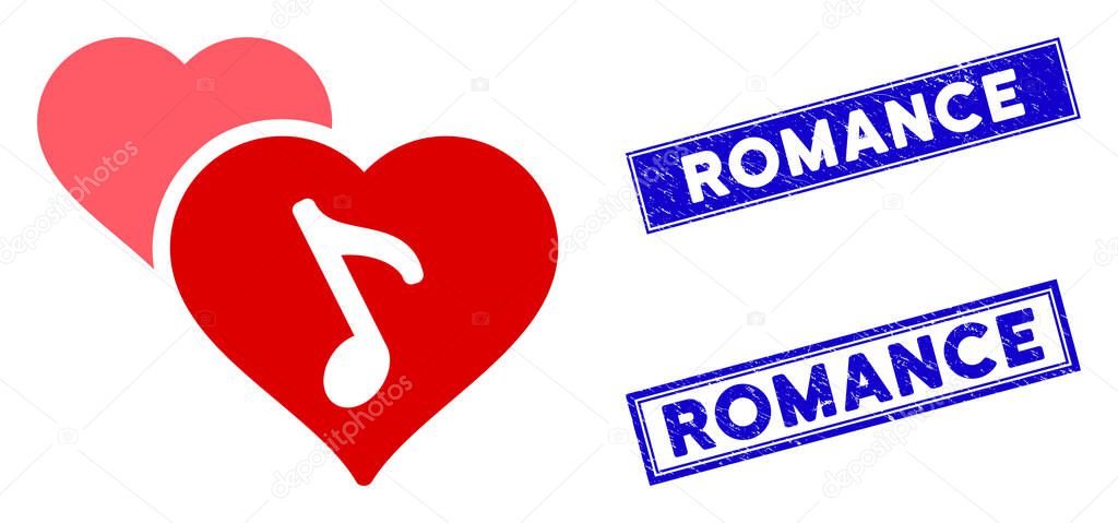 Flat Romance Icon and Distress Rectangle Romance Stamp Seals