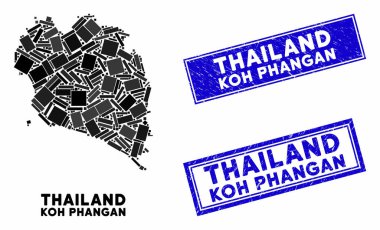 Mozaik Koh Phangan Tayland Adası Haritası ve Tehlike Dikdörtgeni Damgaları