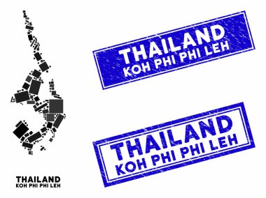 Mozaik Koh Phi Leh Haritası ve Grunge Dikdörtgen Mühür Mührü