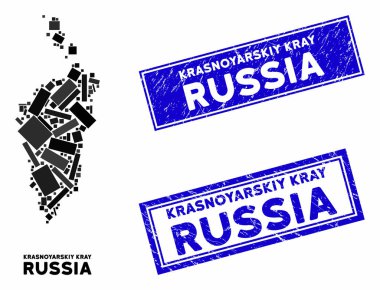 Mozaik Krasnoyarskiy Kray Haritası ve Grunge Dikdörtgen Damgaları