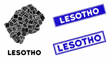 Mozaik Lesotho Haritası ve Grunge Dikdörtgen Damgaları