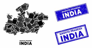 Mozaik Madhya Pradesh Devlet Haritası ve Grunge Dikdörtgen Mühürleri