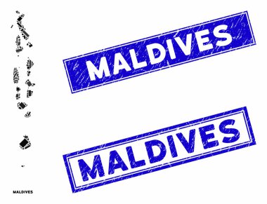 Mozaik Maldivler Haritası ve Grunge Dikdörtgen Filigranı