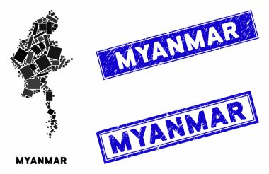 Mozaik Myanmar Haritası ve Kederli Dikdörtgen Mühürleri