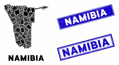 Mozaik Namibya Haritası ve Grunge Dikdörtgen Damgaları