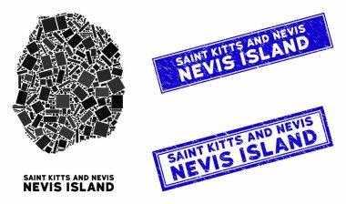 Mozaik Nevis Adası Haritası ve Çizilmiş Dikdörtgen Filigranı