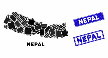 Mozaik Nepal Haritası ve Çizilmiş Dikdörtgen Mühürleri