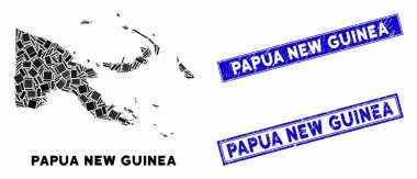 Mozaik Papua Yeni Gine Haritası ve Çizilmiş Dikdörtgen Damgaları