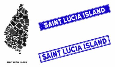 Mozaik Saint Lucia Adası Harita ve Tehlike Dikdörtgen Mühürleri