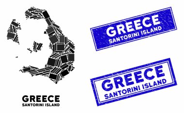 Mozaik Santorini Adası Haritası ve Grunge Dikdörtgen Filigranı