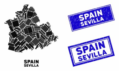 Mozaik Sevilla Eyaleti Haritası ve Grunge Dikdörtgen Mühürleri