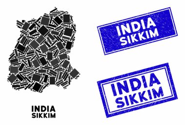 Mozaik Sikkim Eyalet Haritası ve Grunge Dikdörtgen Mühürleri