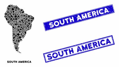 Mozaik Güney Amerika Haritası ve Tehlike Dikdörtgeni Damgaları