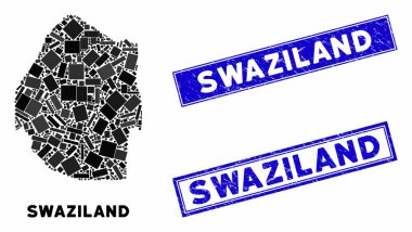 Mozaik Svaziland Harita ve Tehlike Dikdörtgeni Damgaları