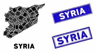 Mozaik Suriye Haritası ve Grunge Dikdörtgen Filigranı