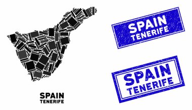 Mozaik Tenerife İspanya Haritası ve Tehlike Dikdörtgeni Filigranı