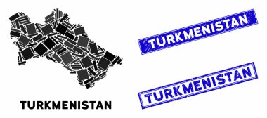 Mozaik Türkmenistan Haritası ve Grunge Dikdörtgen Mühürleri