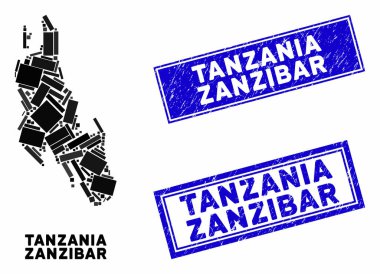 Mozaik Zanzibar Adası Haritası ve Grunge Dikdörtgen Filigranı