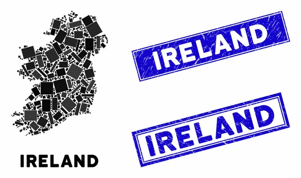 Mozaik İrlanda Adası Harita ve Tehlike Dikdörtgeni Damgaları — Stok Vektör