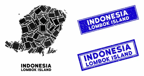 Mosaic Lombok Island Map and Scratched Rectangle Seals — стоковий вектор