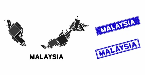 Mosaik Peta dan Grunge Rectangle Watermark Malaysia - Stok Vektor