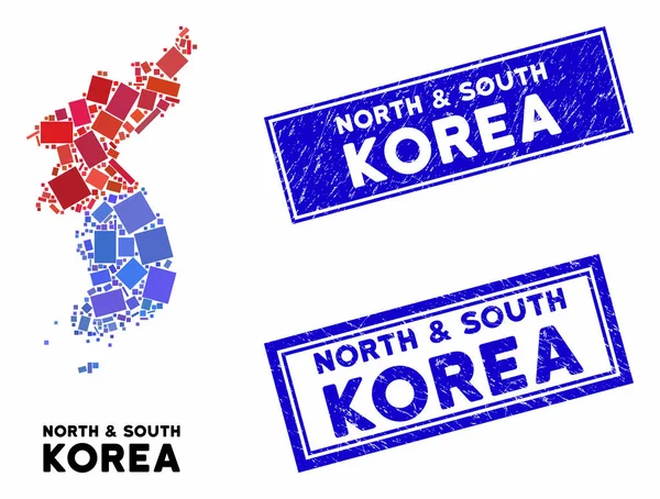 Mosaico Mapa da Coreia do Norte e do Sul e Rectângulo arranhado Marcas d 'água —  Vetores de Stock