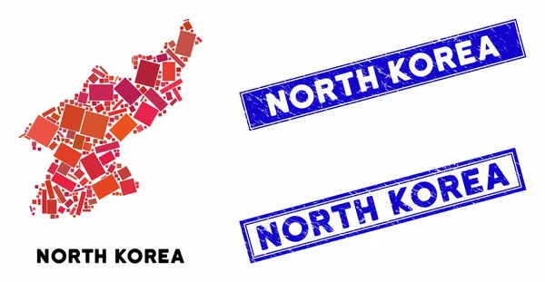 Mosaïque Corée du Nord Carte et Rectangle de détresse Timbres — Image vectorielle