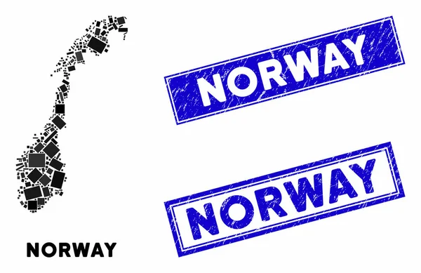 Ψηφιδωτή Νορβηγία Χάρτης και Διακοπή Ορθογώνια Σφραγίδα Σφραγίδες — Διανυσματικό Αρχείο