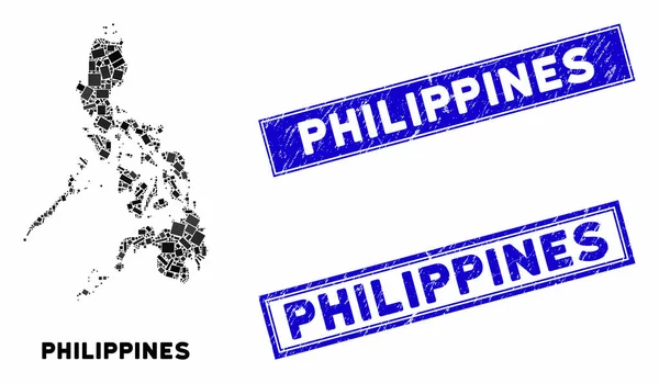 Mosaik-Philippinen-Karte und Grunge-Rechteck-Wasserzeichen — Stockvektor
